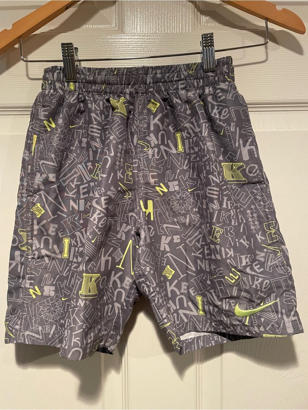 Nike Boys Gray Swim Trunks with Neon Yellow Accents